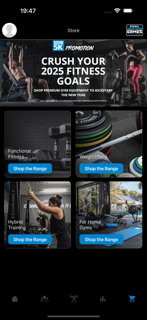 Rebel Renegade Games app store screen with gym equipment categories