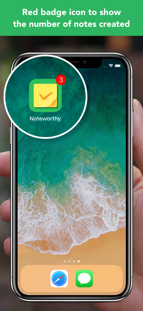 Tela inicial do iPhone mostrando o ícone do aplicativo Noteworthy com um selo vermelho indicando três notas