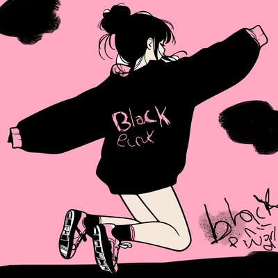 realistic girl jumping with a bun and oversized sweatshirt