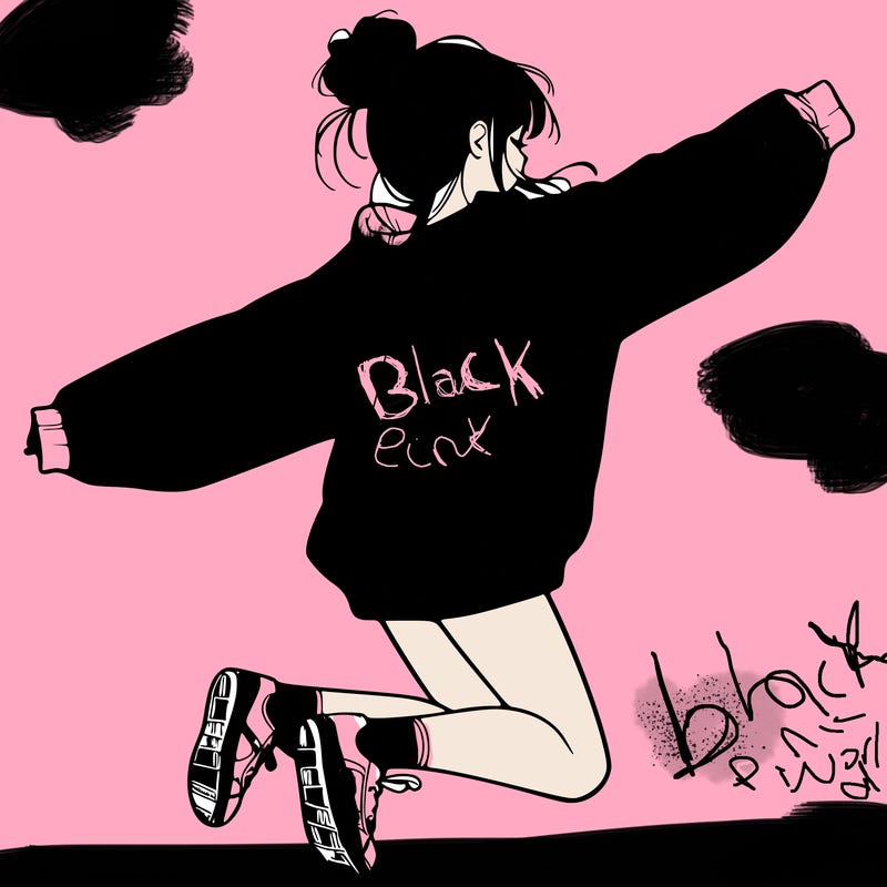 realistic girl jumping with a bun and oversized sweatshirt