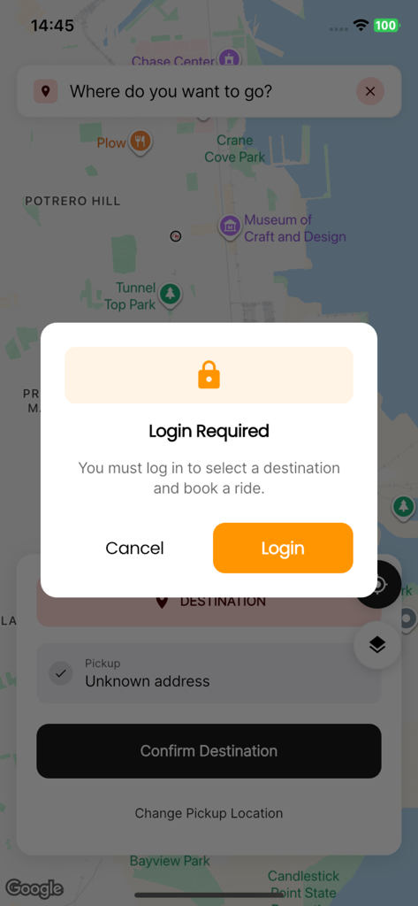 Flash Deliveryアプリの地図インターフェイスでのログイン必須プロンプト