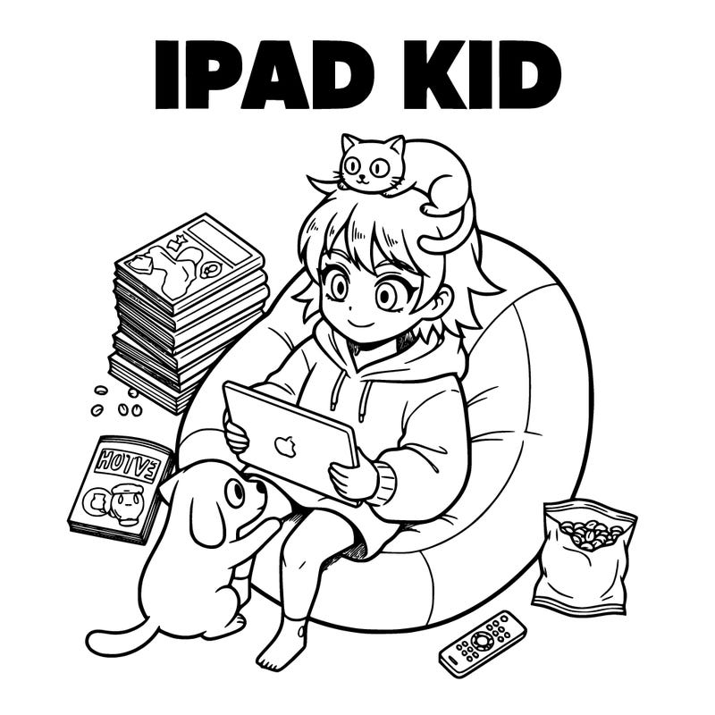 create a girl who is on the ipad nonstop no matter what and write ipad kid on the picture on the top