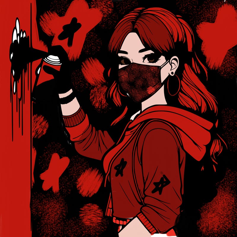 realistic girl with mask spray painting a wall