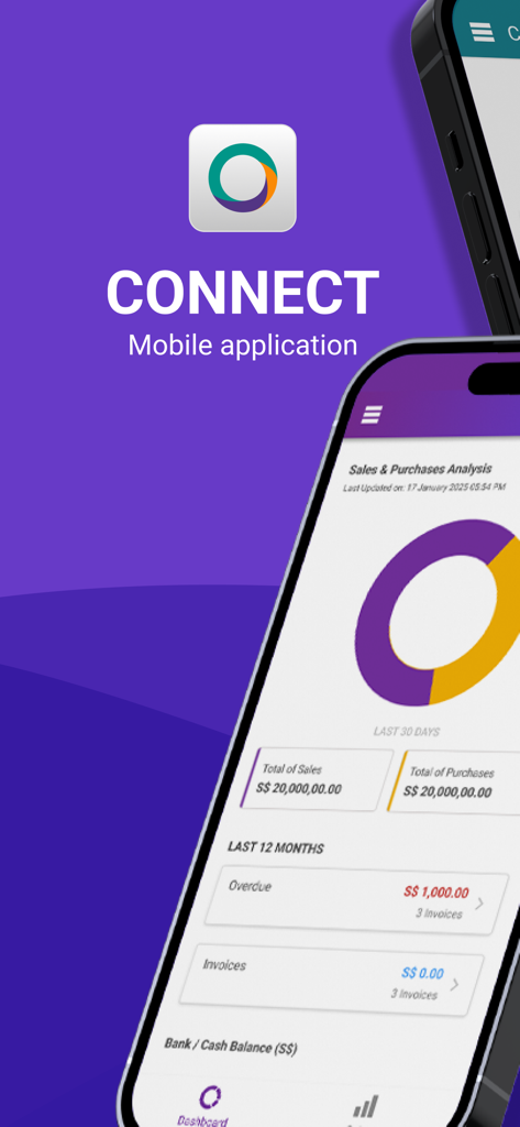 ABSS / Financio CONNECT - ABSS Financio CONNECT mobile app dashboard showing sales and purchases analysis with a donut chart visualization.