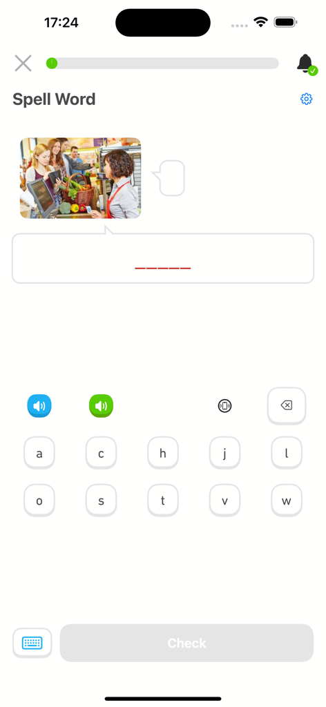 4000 Essential English Words ⑵ - Una pantalla de ejercicio de ortografía con una imagen de una tienda de comestibles y fichas de selección de letras.