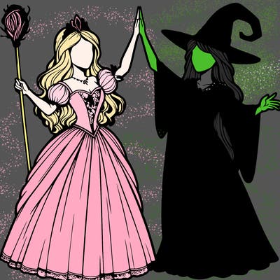 detailed realistic split of a princess and a witch