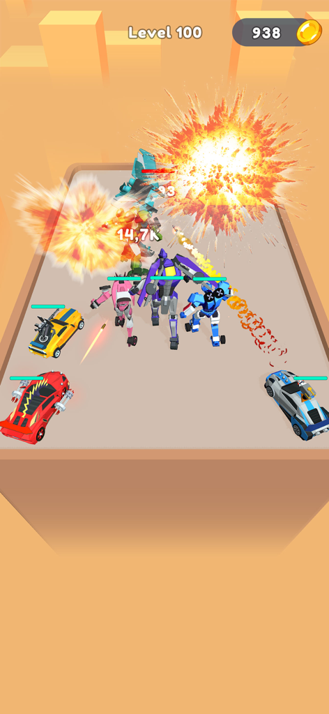 Merge Robot Master: Car Games - A battle scene in Merge Robot Master showing cars and robots fighting with explosions at level 100