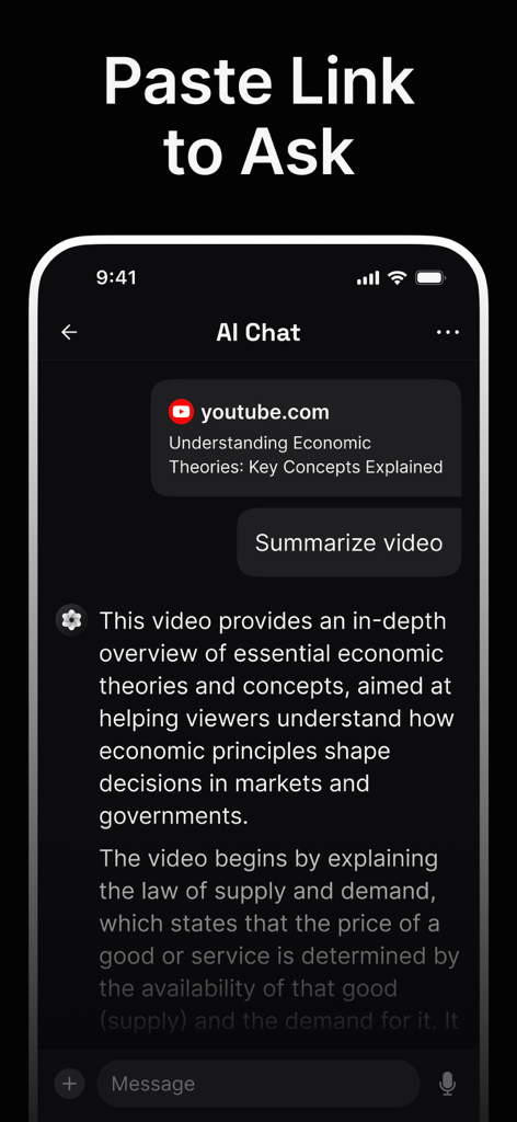 DeepChat - AI Chat Assistant - Interface de l'application DeepChat IA montrant un résumé d'une vidéo YouTube sur les théories économiques à partir d'un lien collé