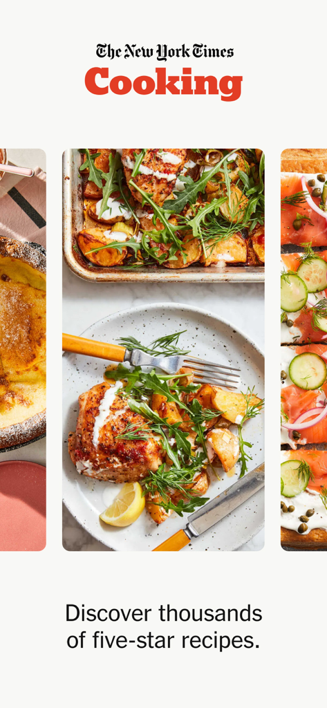 Schermata di benvenuto dell'app New York Times Cooking che mostra fotografie di cibo di alta qualità e lo slogan scopri migliaia di ricette a cinque stelle
