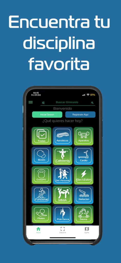 MultiGym - MultiGym mobile app interface displaying a grid of fitness categories like MMA, Pilates, and CrossFit.