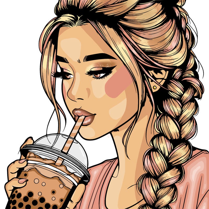 realistic girl drinking boba tea with braided hair