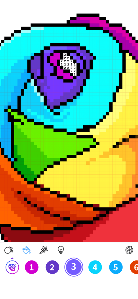 Colors by Number® – No.Draw® - A pixel art coloring interface showing a colorful abstract design with numbered blocks and a color palette at the bottom.