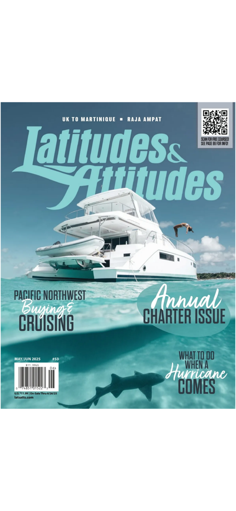 Latitudes & Attitudes Magazine - Cover of Latitudes and Attitudes magazine Annual Charter Issue featuring a white catamaran and a shark underwater.