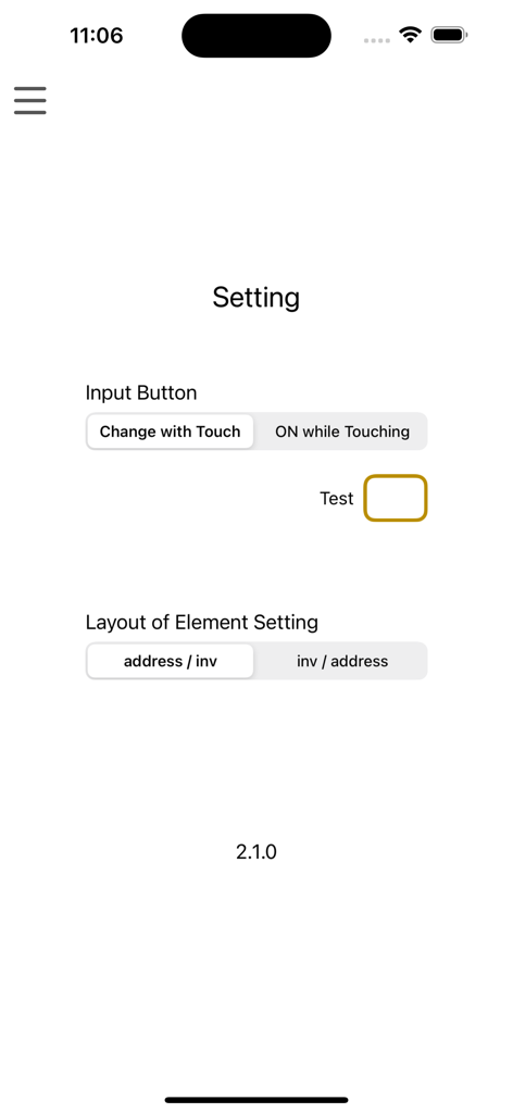 Settings menu of the LadderTouch PLC logic simulator app showing configuration options for input buttons and element layout.