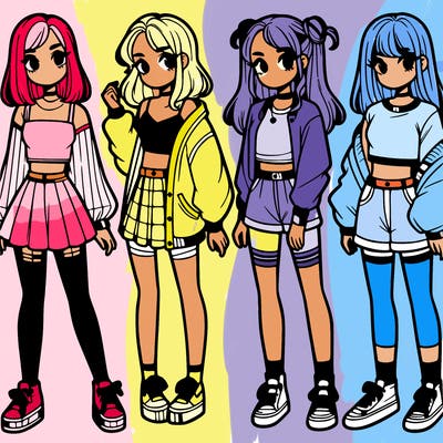 one girl with crop-top shirt and a jacket with a skirt, long socks and another girl with a shirt and pants with a jacket