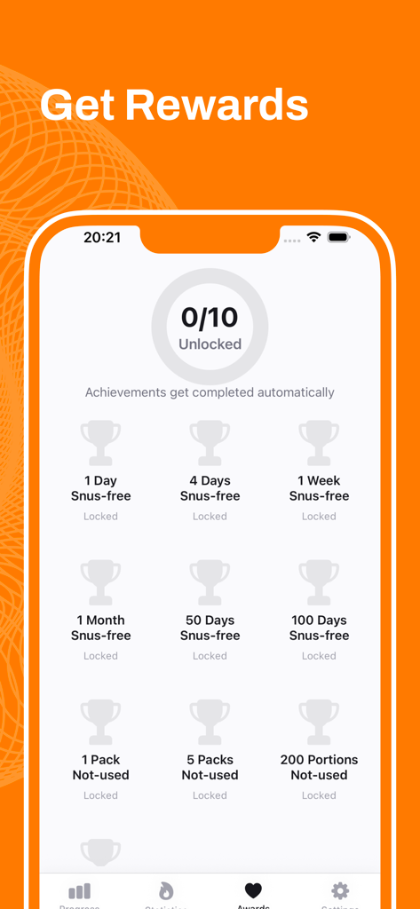 Snus Quit Tracker - The rewards screen of the Snus Quit Tracker app showing different milestones and trophies for staying snus-free.