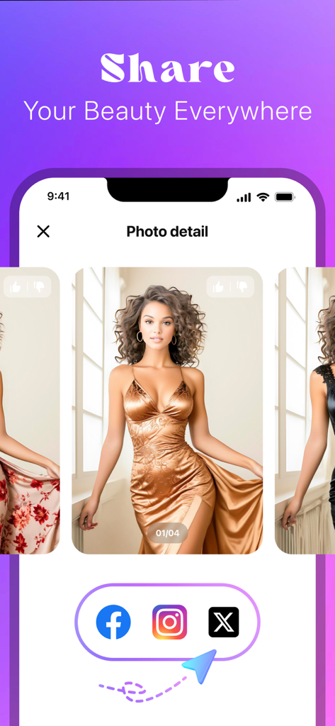 AI Photo Generator: Boopix - Boopix app screen showing AI outfit transformation and social media share buttons