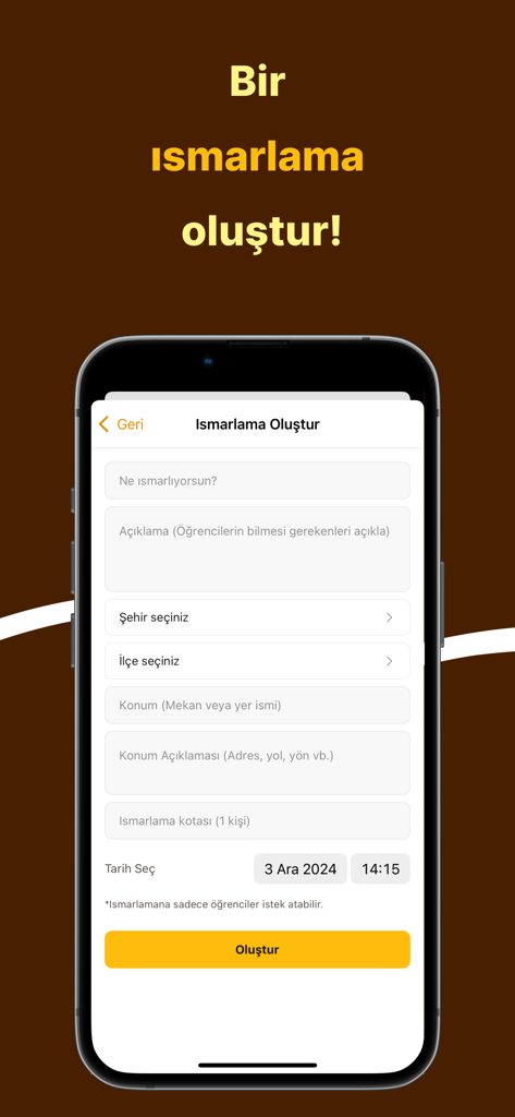 Ismarlıyo - Öğrenciye Ismarla - La interfaz de usuario de la aplicación Ismarlıyo que muestra el formulario para crear una nueva donación de golosina para estudiantes