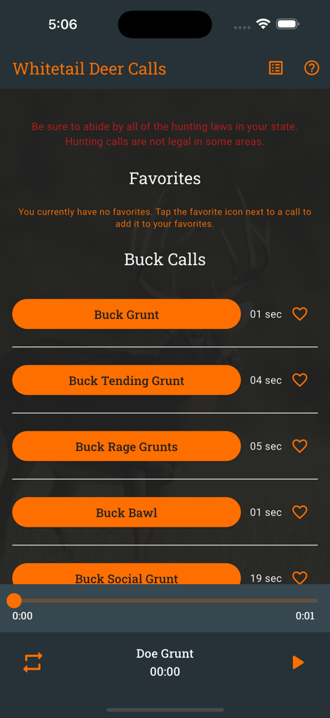 Whitetail Deer Calls app interface featuring a list of buck hunting sound effects with orange buttons.