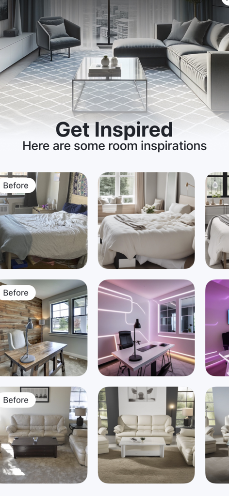 Interface do aplicativo Plan My Room mostrando comparações de antes e depois de inspirações de design de interiores com IA para quartos e escritórios.
