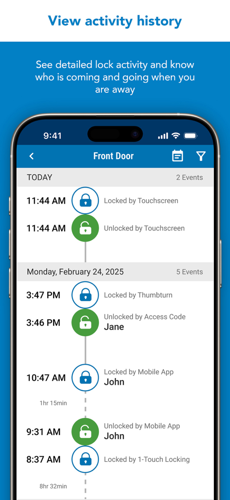 Schlage Home app screen showing the detailed activity history log and entry events for a front door smart lock.