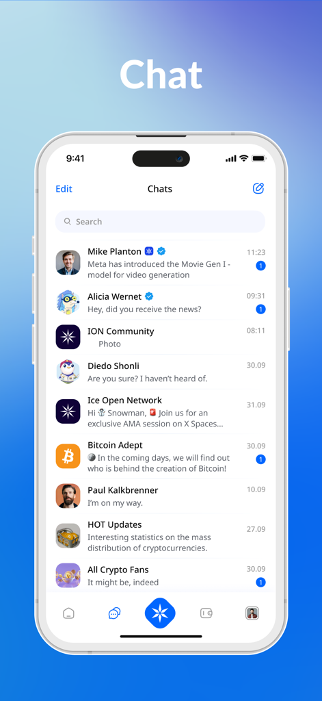 Online+ - Screenshot der Online+-Messaging-Oberfläche, der eine Liste von Chat-Konversationen mit Web3-Community-Mitgliedern anzeigt.