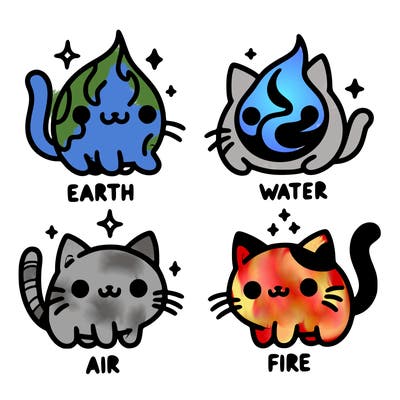 4 cats that represent the different elements, earth, water, air, and fire