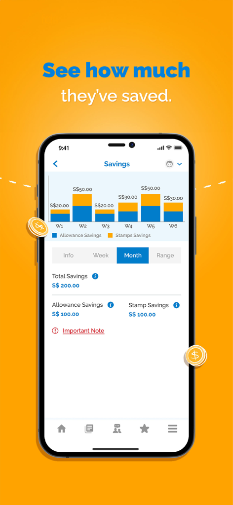 Una pantalla de aplicación móvil que muestra un gráfico de barras semanal de la paga y los ahorros en sellos de un niño.
