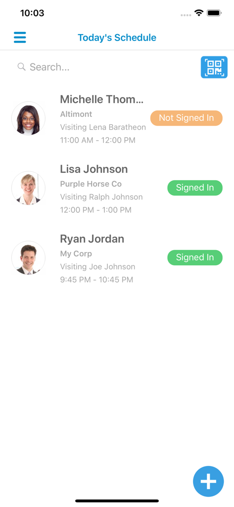 Lobbytrack Lobby app interface displaying today's visitor schedule with sign in status