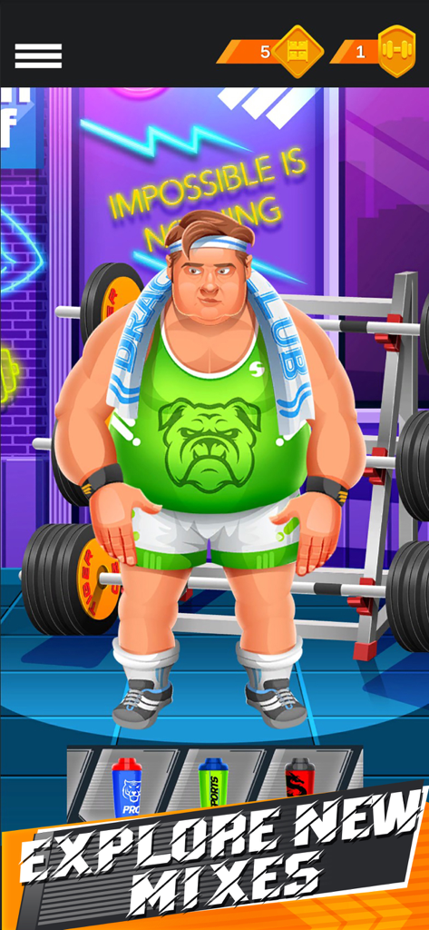 Un personaje de entrenamiento de gimnasio de pie en un gimnasio con botellas mezcladoras y letreros de neón