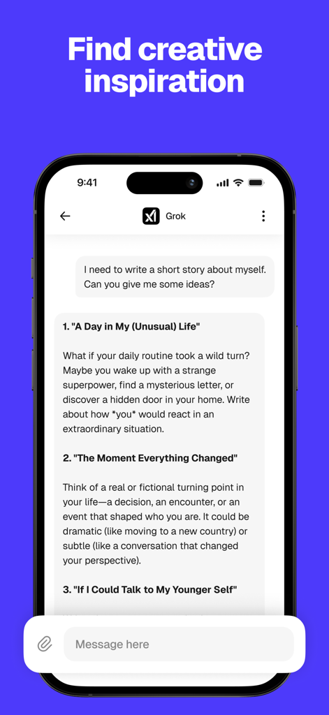 Overchat: Ask AI & Chat - Overchat app interface showing Grok AI providing creative short story ideas for a user