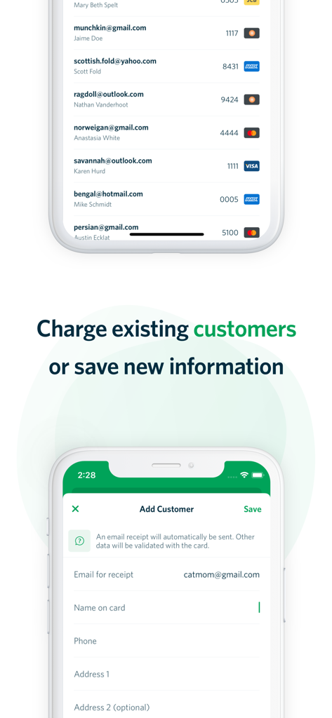 Un'interfaccia mobile per la gestione dei clienti esistenti e l'aggiunta di dettagli cliente per i pagamenti Stripe