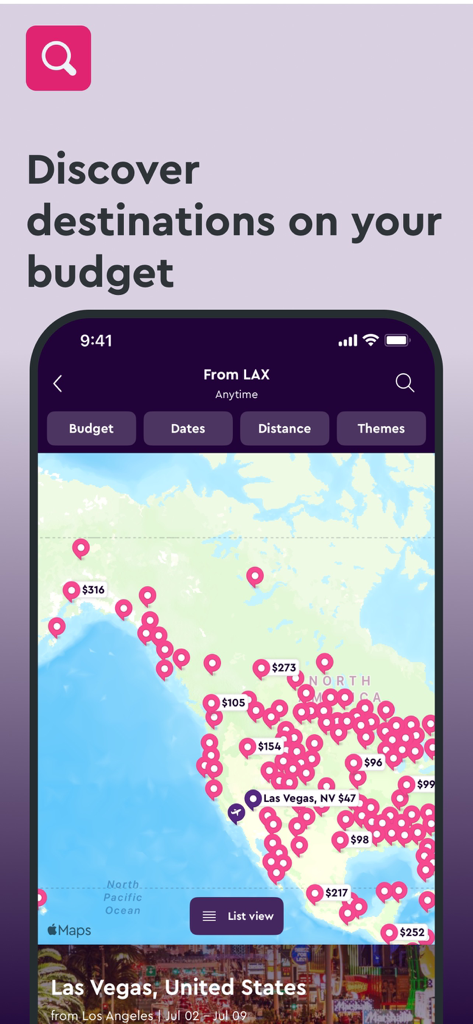 Eine Kartenoberfläche in der momondo App, die verschiedene Flugpreise für verschiedene Reiseziele basierend auf einem vom Benutzer definierten Budget anzeigt