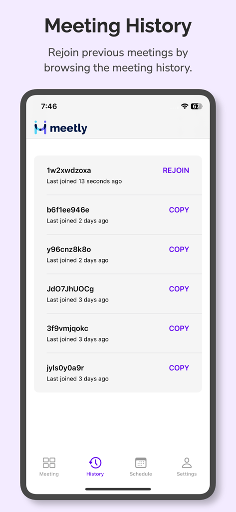 Meetly - Video Meetings - Pantalla de historial de reuniones de la aplicación Meetly que muestra una lista de videollamadas anteriores con opciones para volver a unirse.