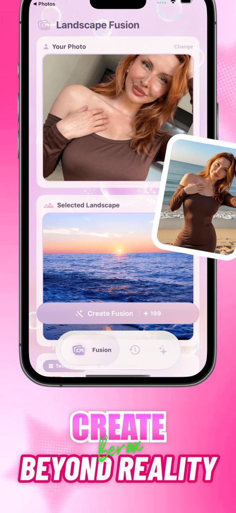 Berax - Berax app interface showing the Landscape Fusion feature merging a portrait with a sunset ocean background