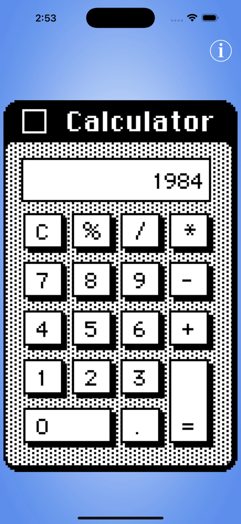 Aplicativo de calculadora retrô-moderno com uma interface pixelizada em preto e branco mostrando o número 1984.