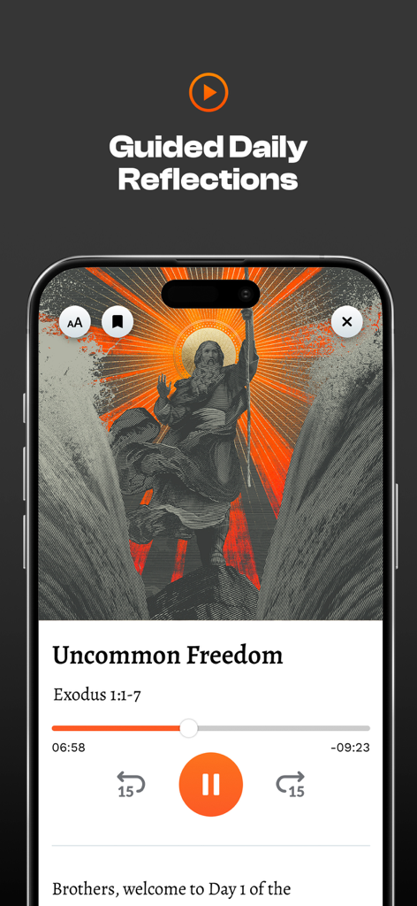 Exodus 90: Catholic Men's App - Exodus 90 app screenshot displaying a guided daily reflection audio player with an illustration of Moses