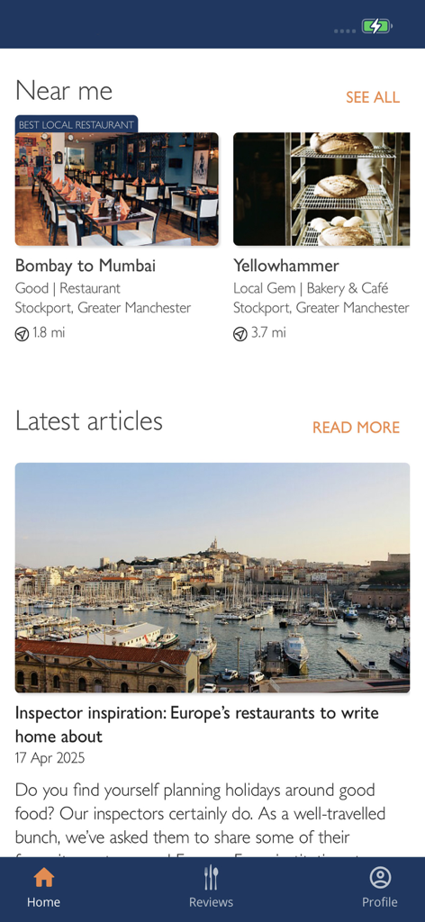 Good Food Guide - Home screen of The Good Food Guide app displaying local restaurant recommendations and food travel articles.