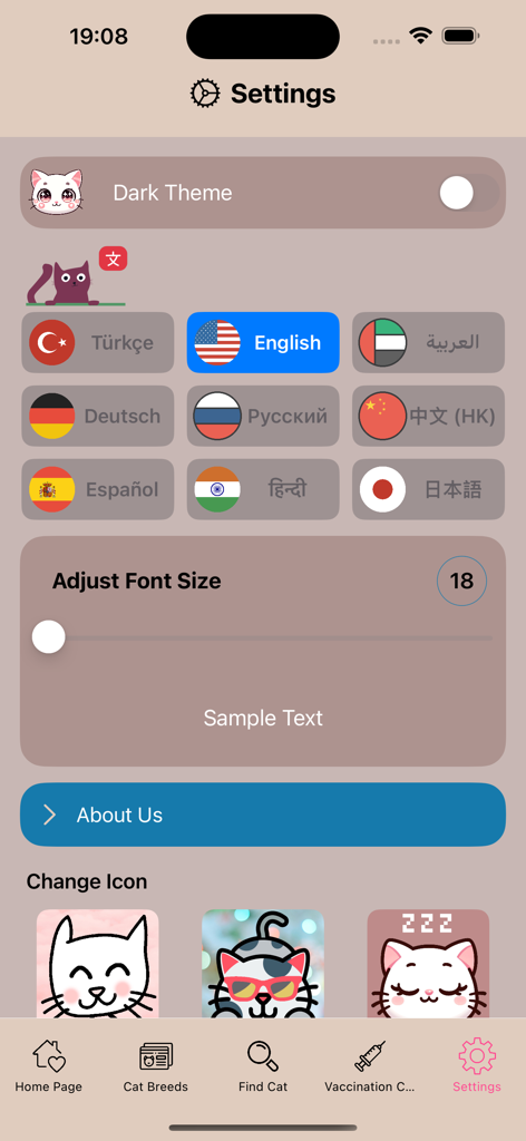 Cats World - Pantalla de configuración de la aplicación Cats World que muestra la selección de idioma, el interruptor de modo oscuro y el ajuste del tamaño de fuente