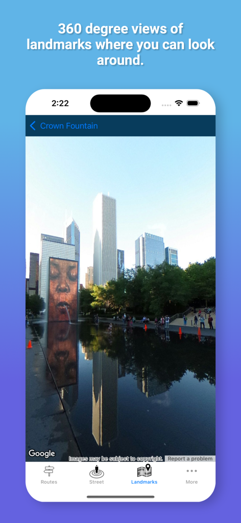Remote Walk: Virtual Walking - App interface showing a 360 degree virtual view of the Crown Fountain in Chicago