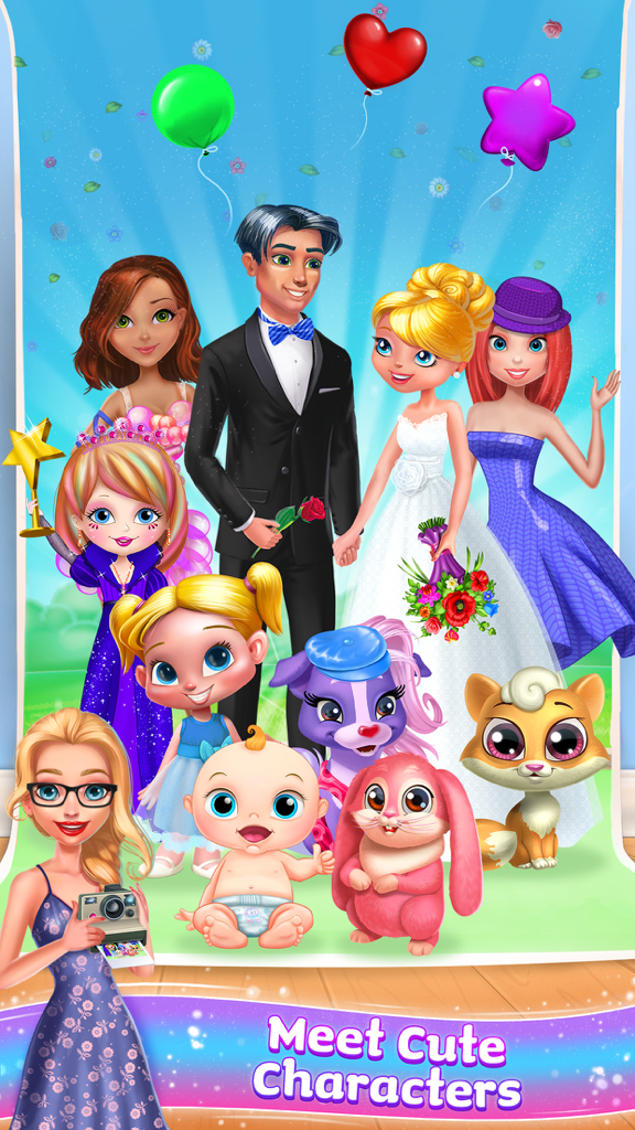 Game Islands - Play All Day - A group of colorful cartoon characters from Game Islands including kids, pets, a baby, and a bride and groom.