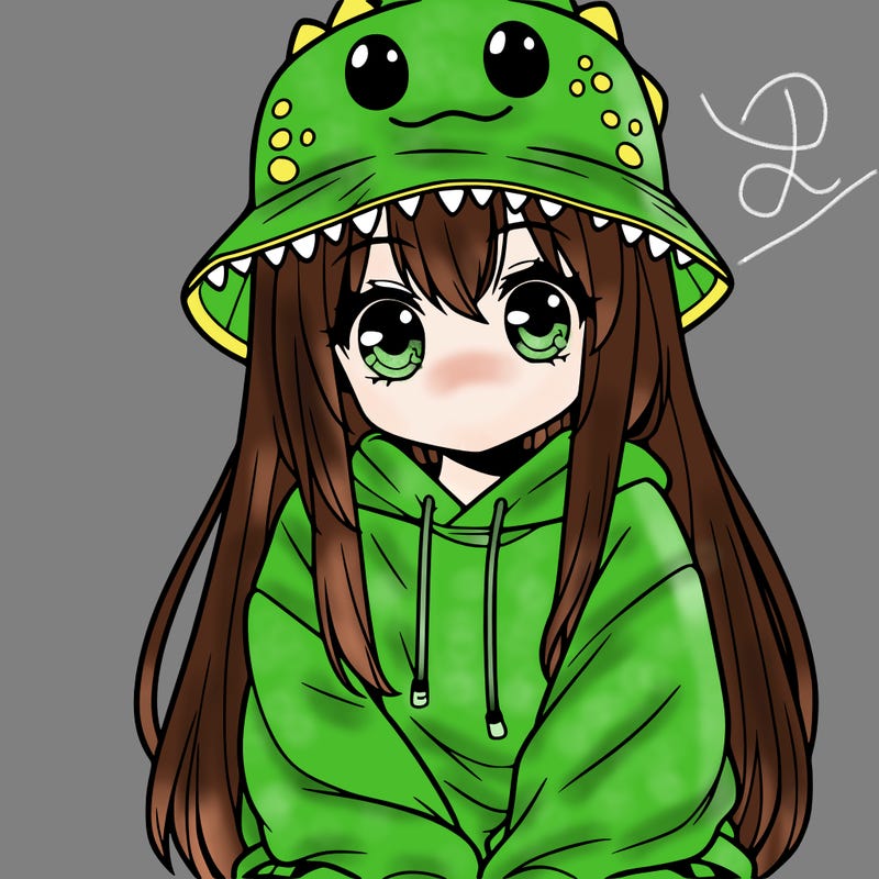 girl with anime shaped eyes with a dinosaur bucket hat oversized sweatshirt long straight hair