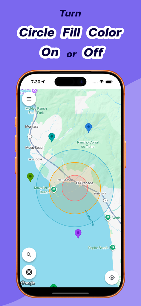 Radius Around Me - Smartphone screen showing a map with concentric radius circles and color markers in the Radius Around Me app