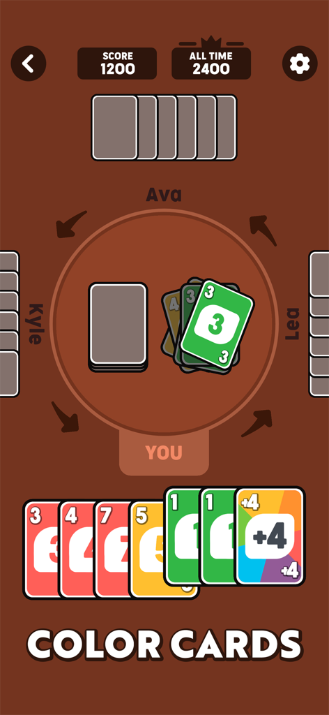A game of Color Cards in the Offline Games app showing a hand of colorful cards and three opponents