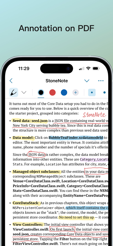 Smartphone screen showing PDF annotation features with highlights and handwritten notes in the StoneNote app.