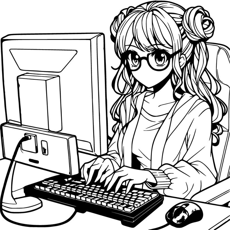 a woman typing on a computer anime style with glasses