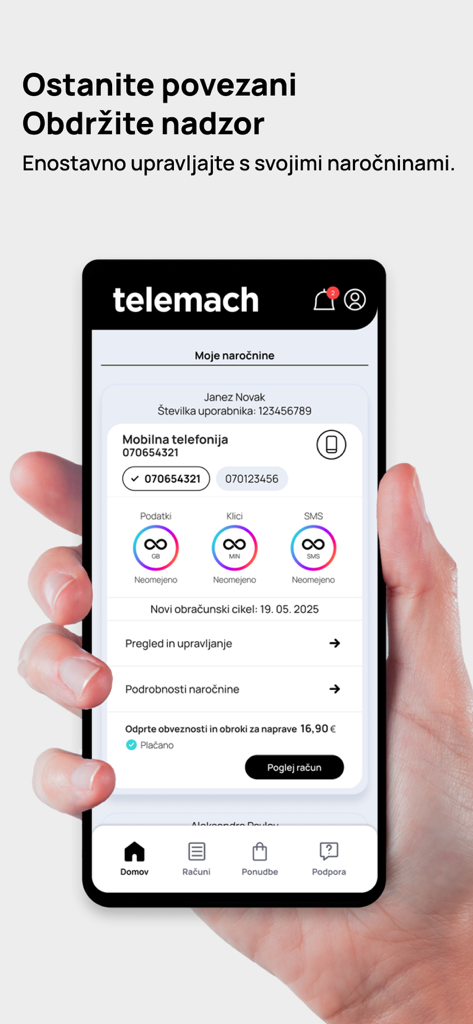 Telemach Slovenija - A smartphone screen showing the Telemach Slovenija app dashboard with mobile data usage and subscription management details