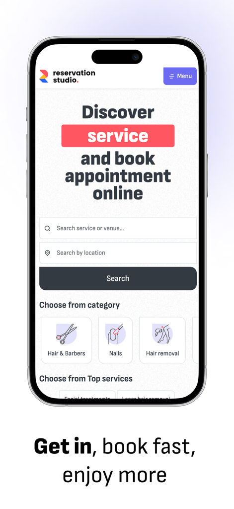 Reservation.Studio - Reservation.Studio app home screen showing search bars for services and locations with service categories for hair and nails.