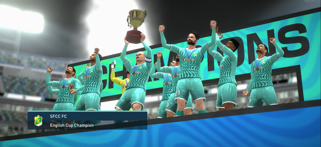 A football team celebrating with a trophy after winning the English Cup in SEGA Football Club Champions.