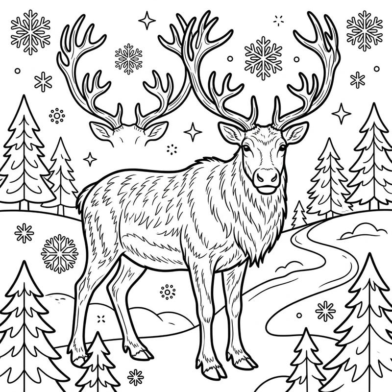 Journey into a serene winter landscape with this beautiful Caribou coloring page. Capture the majesty of this North American reindeer amidst snowy pines and delicate snowflakes.